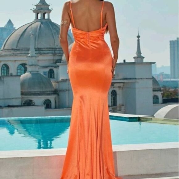 ORANGE GLAMOROUS SATIN DOPAMINE MERMAID SPECIAL EVENT MAXI DRESS - Picture 2 of 10